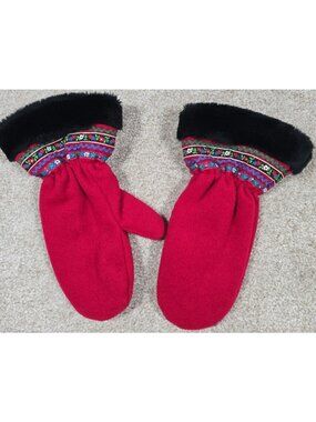 Rare Vtg Orvis Boiled Wool Mittens Faux Fur Cuff Nordic Red Fleece Lined Women S